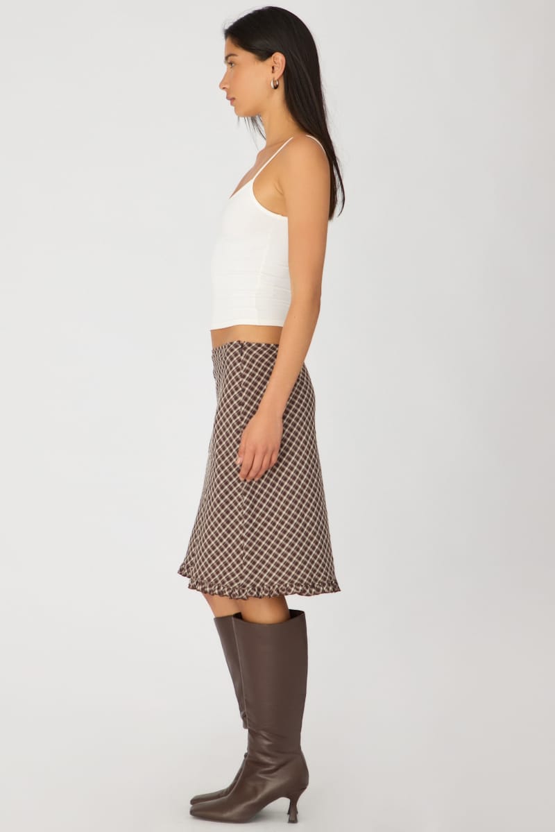 Brown Check Midi Skirt Mid Rise Ruffle Trim Lined for Ally Fashion