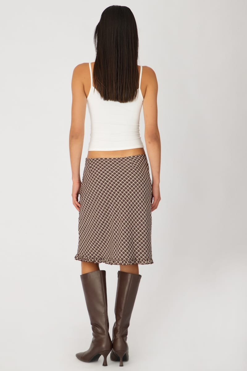 Brown Check Midi Skirt Mid Rise Ruffle Trim Lined for Ally Fashion