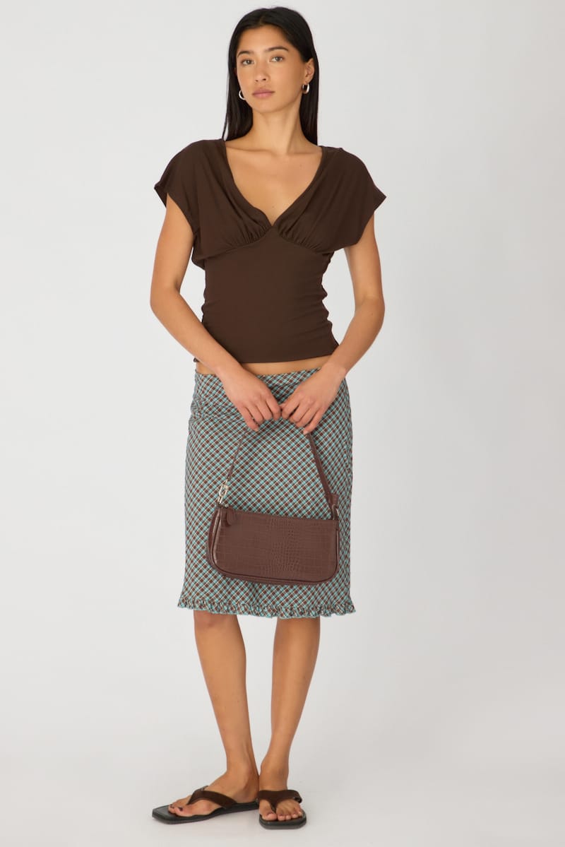 Brown Check Midi Skirt Mid Rise Ruffle Trim Lined for Ally Fashion