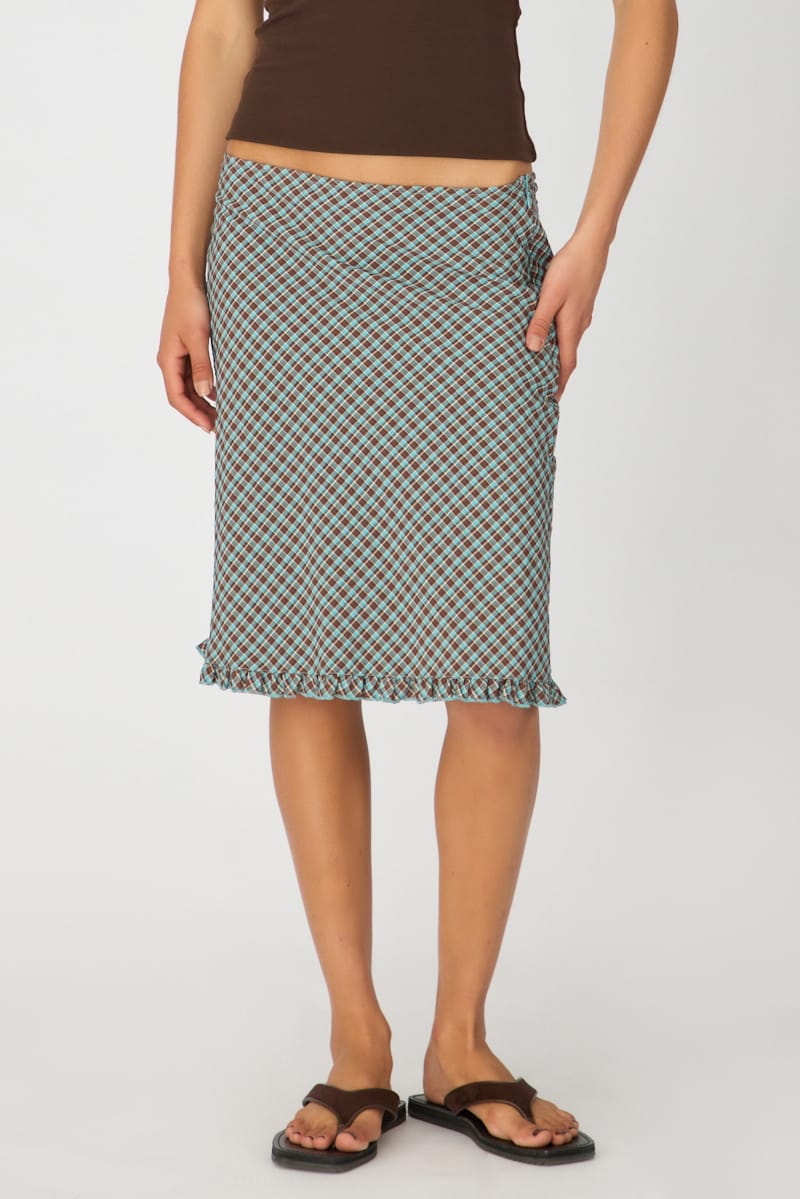 Brown Check Midi Skirt Mid Rise Ruffle Trim Lined for Ally Fashion