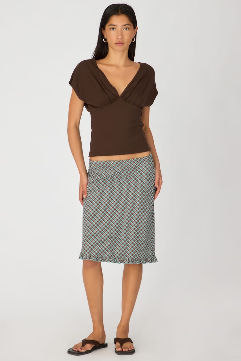 Brown Check Midi Skirt Mid Rise Ruffle Trim Lined for Ally Fashion