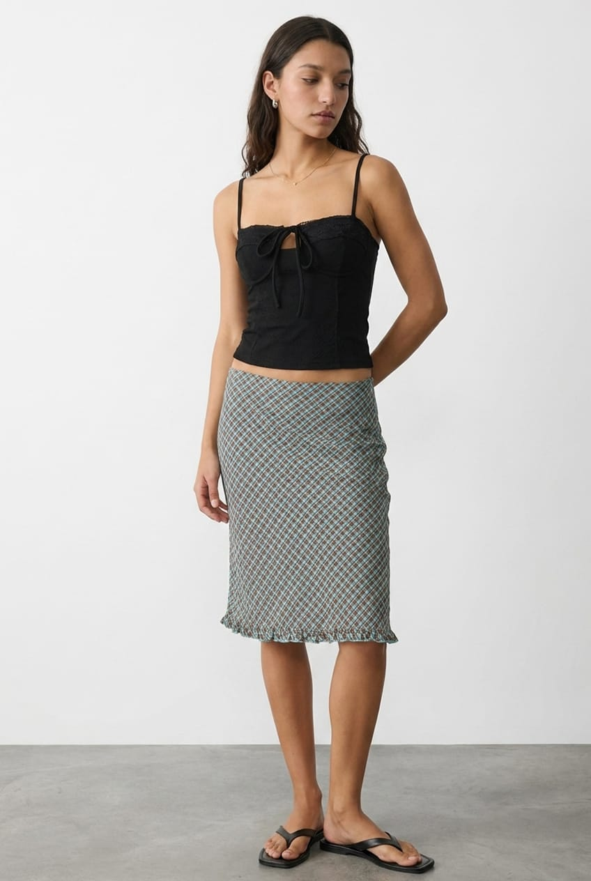 Brown Check Midi Skirt Mid Rise Ruffle Trim Lined for Ally Fashion
