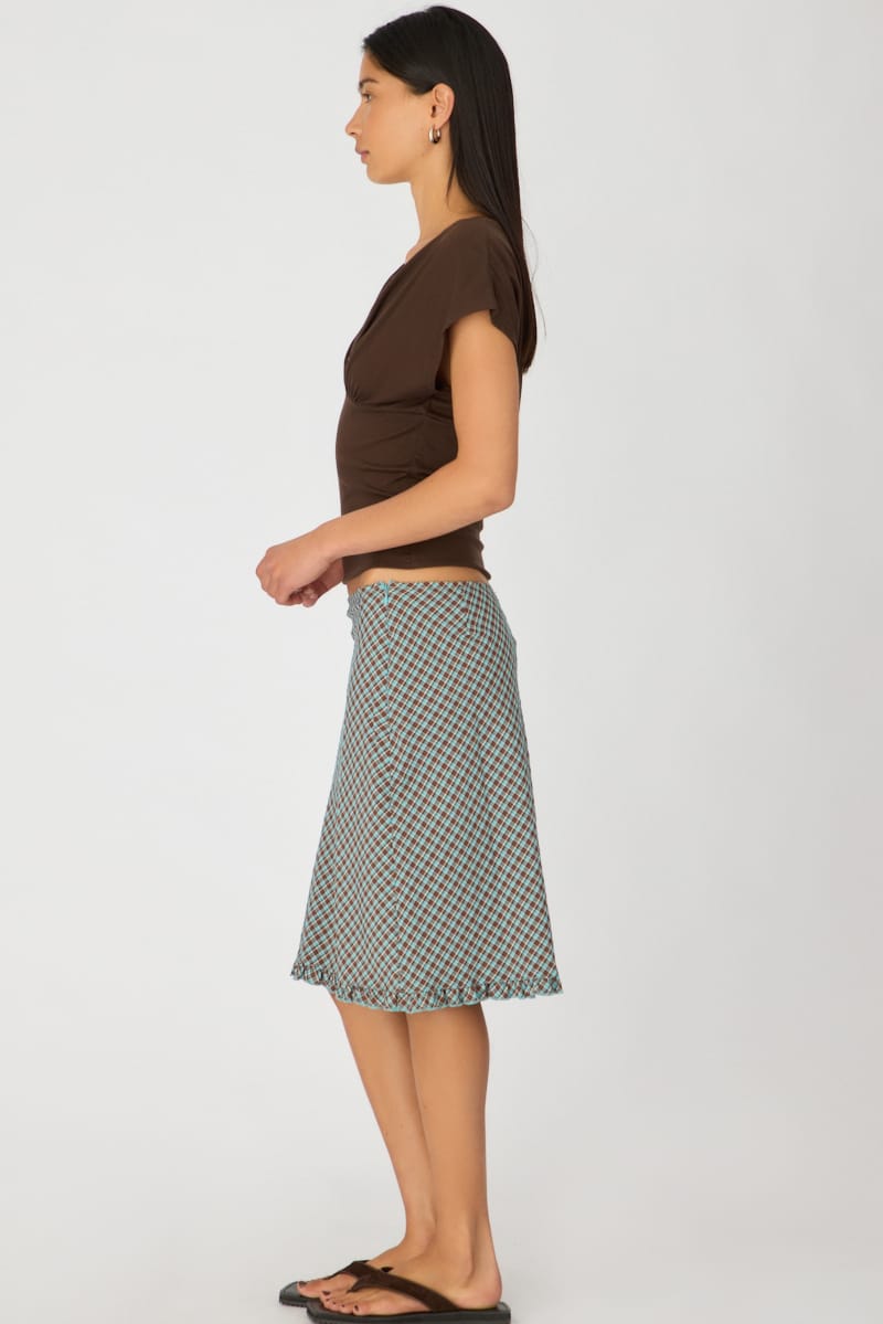 Brown Check Midi Skirt Mid Rise Ruffle Trim Lined for Ally Fashion