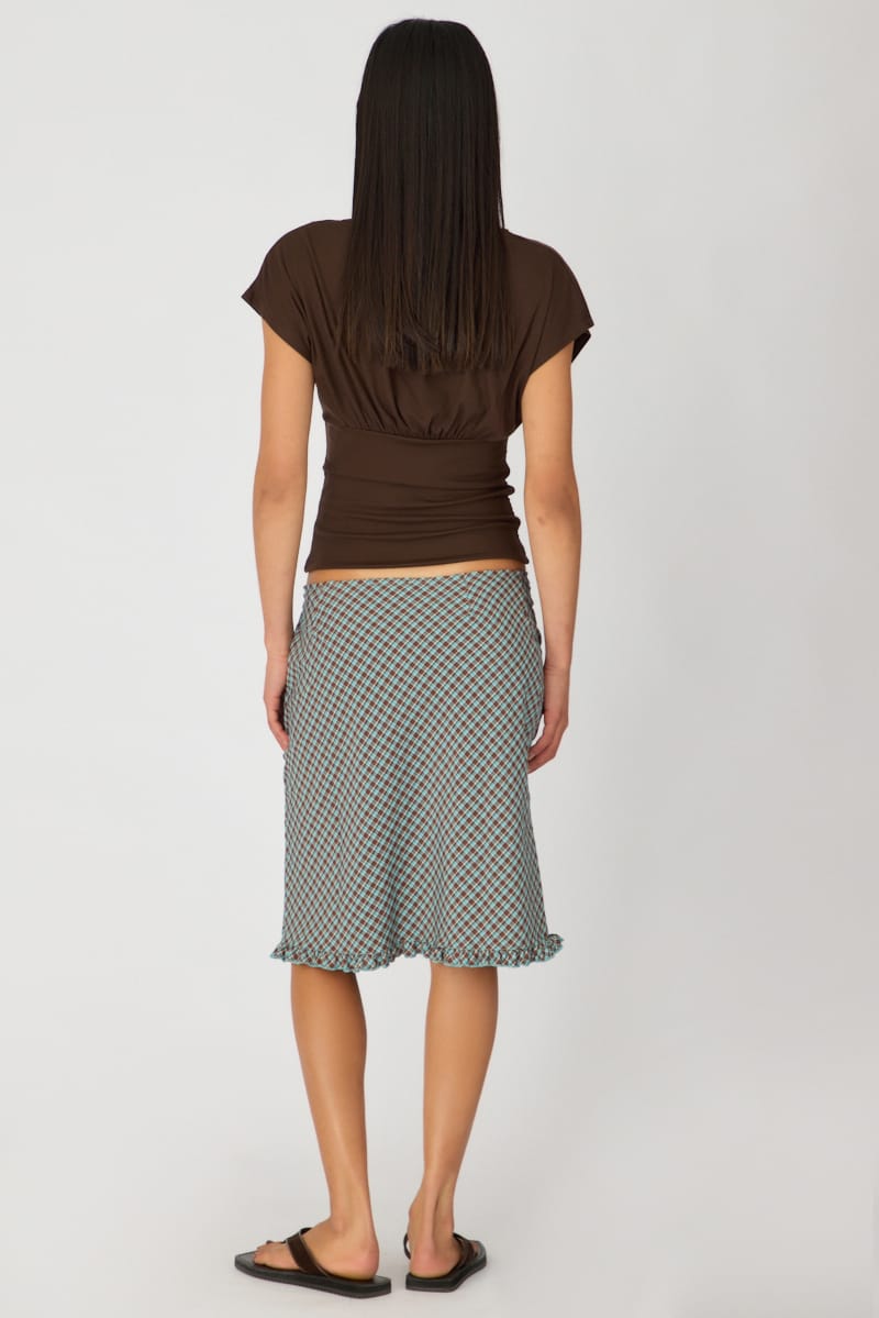 Brown Check Midi Skirt Mid Rise Ruffle Trim Lined for Ally Fashion