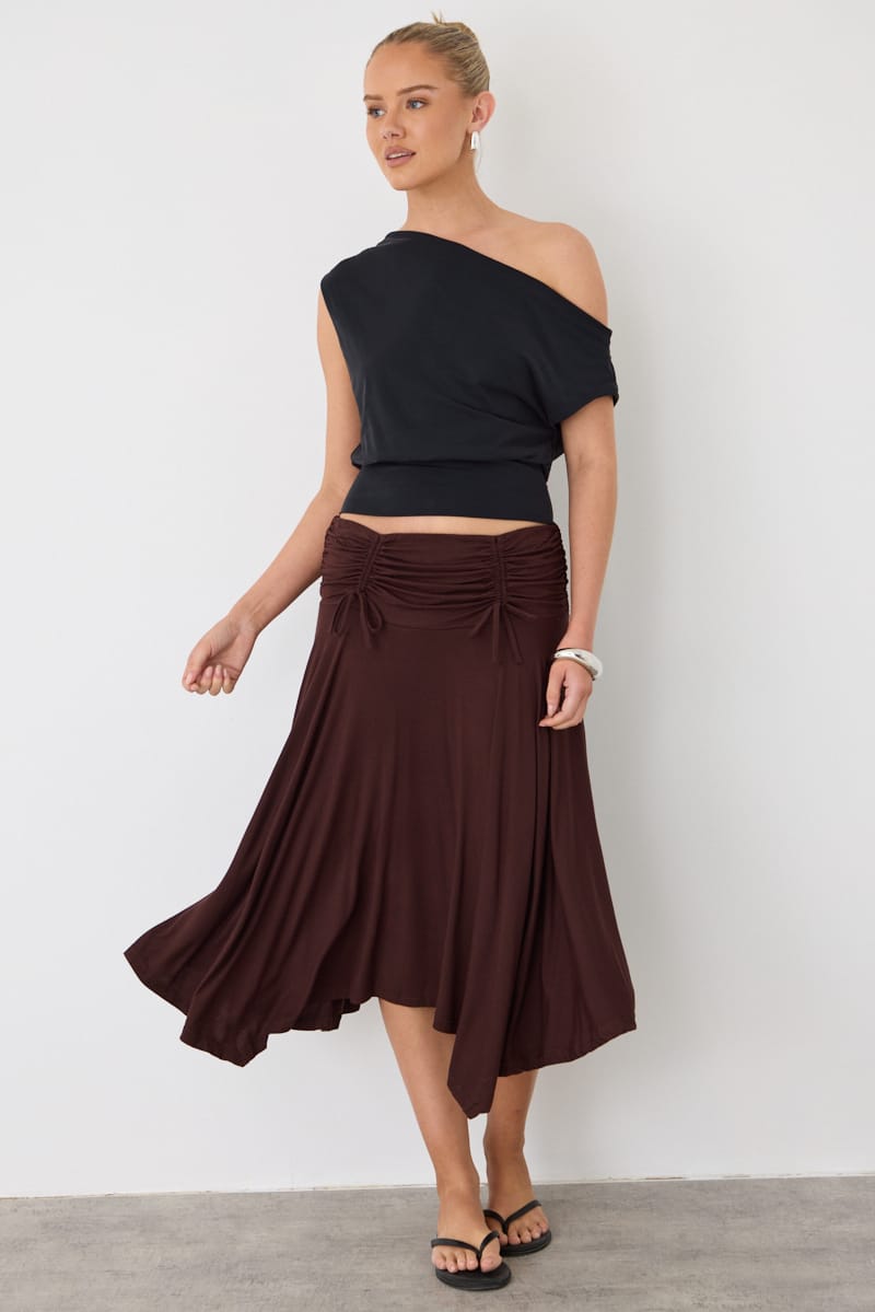 Brown Ruched Midi Skirt Elastic Waist Scarf Hem for Ally Fashion