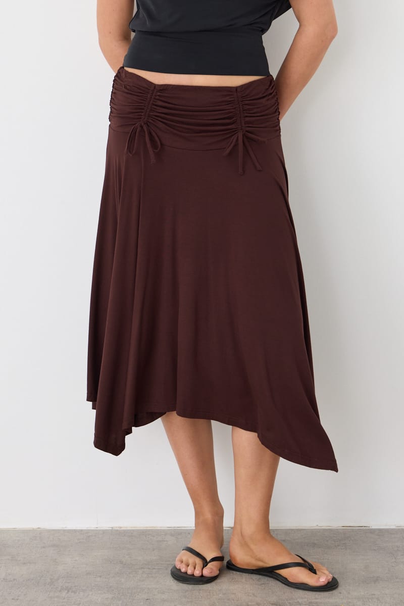 Brown Ruched Midi Skirt Elastic Waist Scarf Hem for Ally Fashion