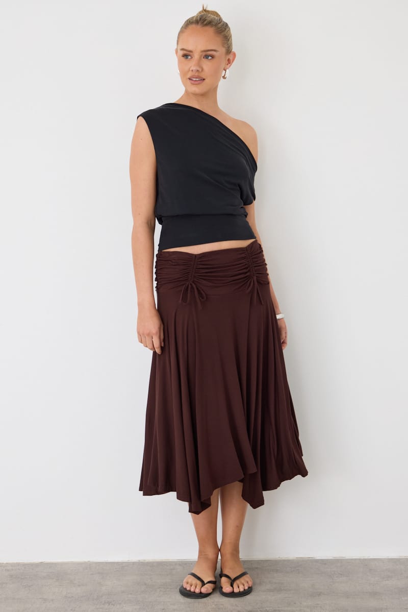 Brown Ruched Midi Skirt Elastic Waist Scarf Hem for Ally Fashion