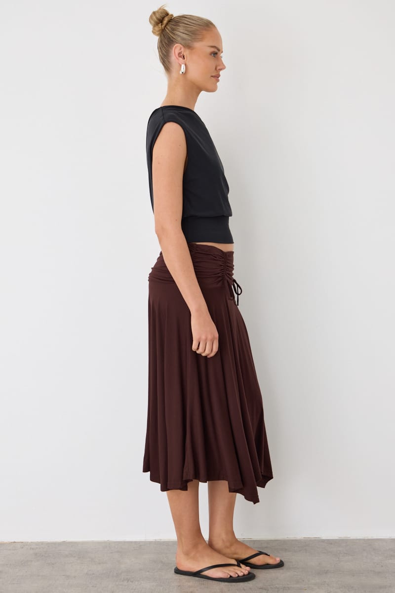 Brown Ruched Midi Skirt Elastic Waist Scarf Hem for Ally Fashion