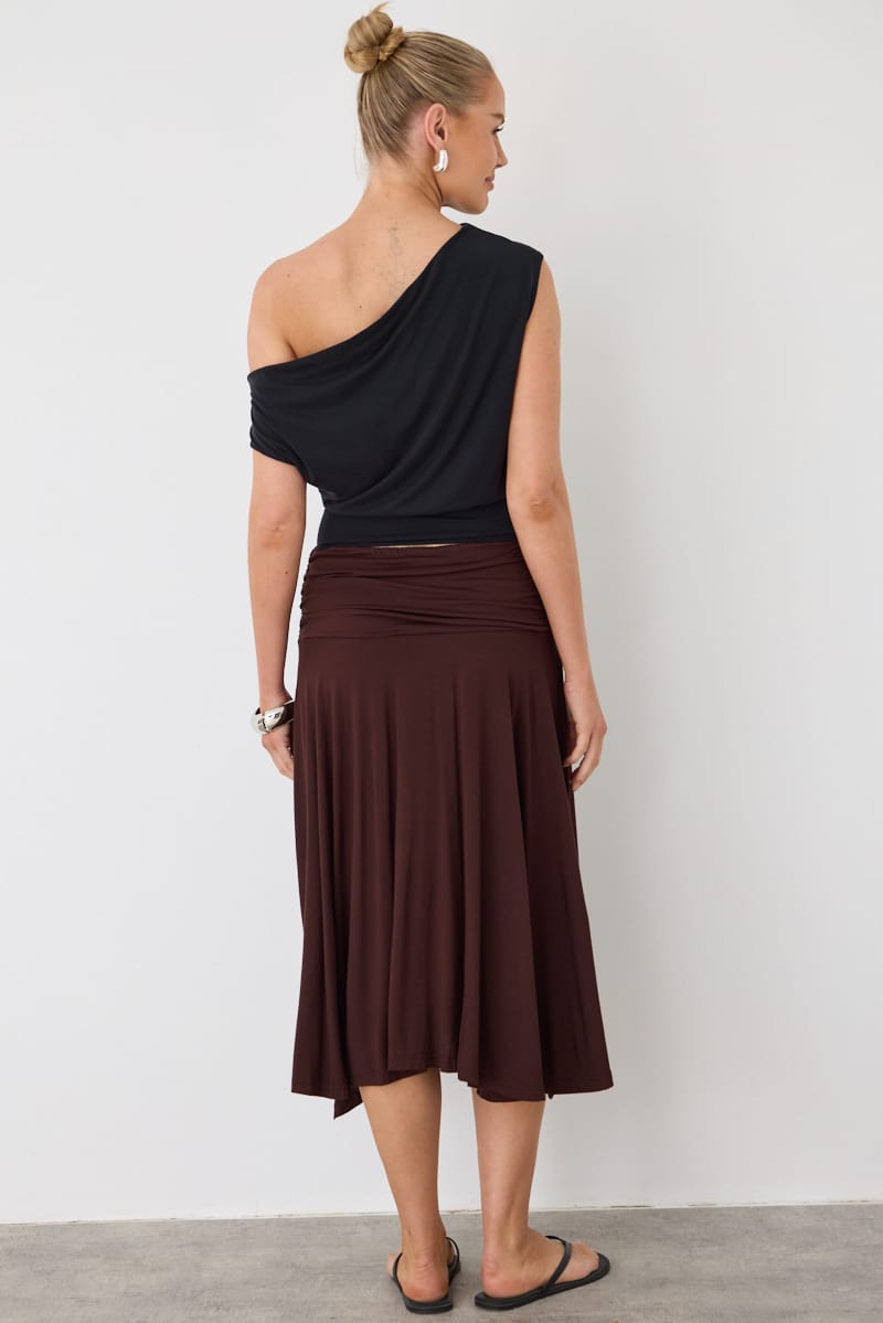 Brown Ruched Midi Skirt Elastic Waist Scarf Hem for Ally Fashion