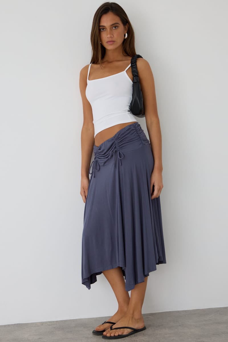 Grey Ruched Midi Skirt Elastic Waist Scarf Hem for Ally Fashion