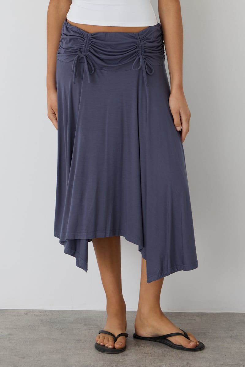 Grey Ruched Midi Skirt Elastic Waist Scarf Hem for Ally Fashion