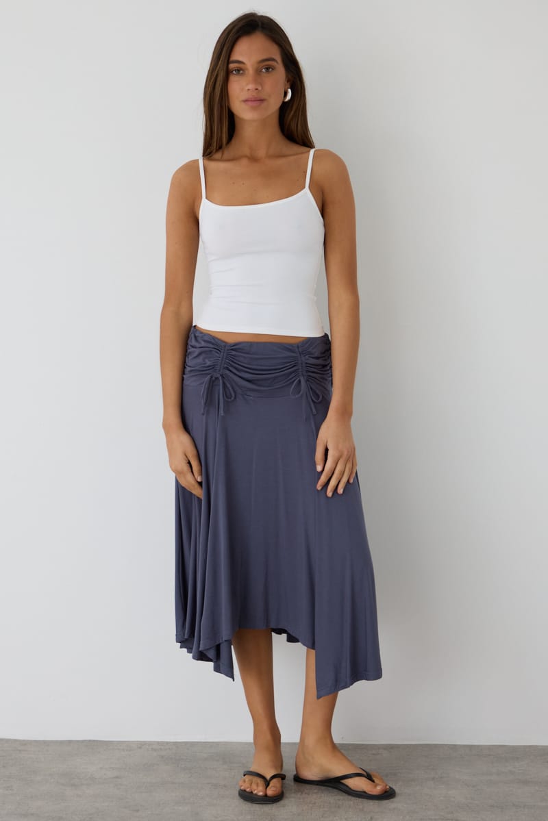 Grey Ruched Midi Skirt Elastic Waist Scarf Hem for Ally Fashion