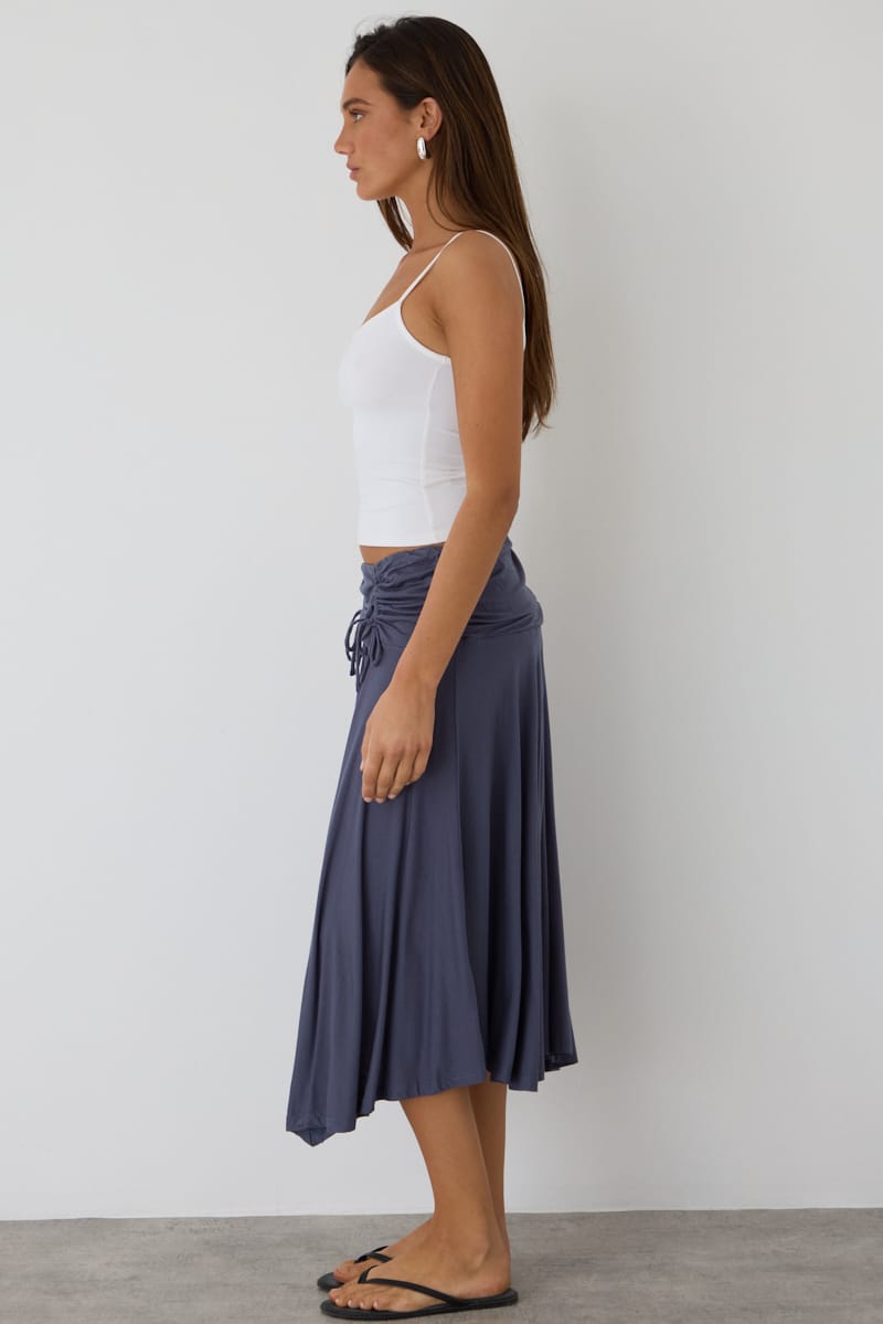 Grey Ruched Midi Skirt Elastic Waist Scarf Hem for Ally Fashion
