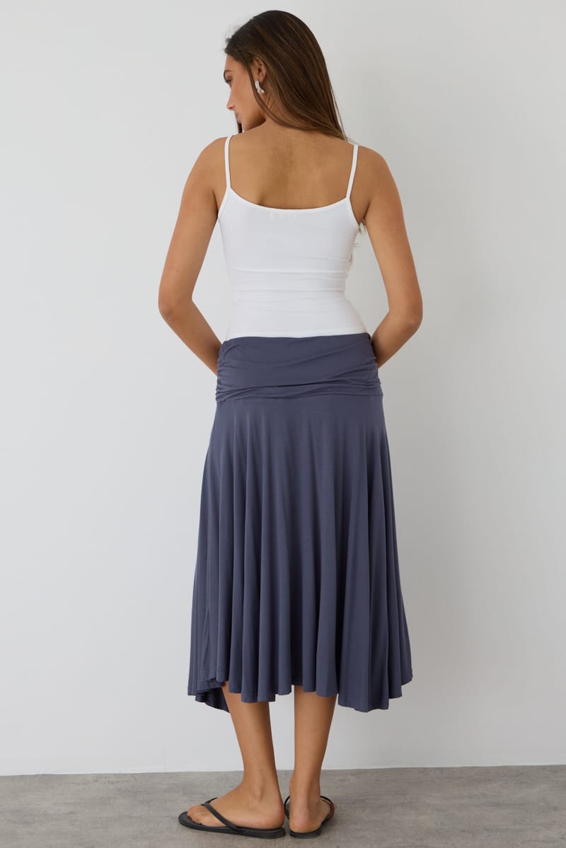 Grey Ruched Midi Skirt Elastic Waist Scarf Hem for Ally Fashion