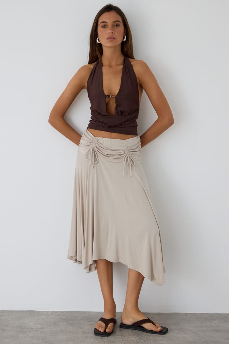 Beige Ruched Midi Skirt Elastic Waist Scarf Hem for Ally Fashion