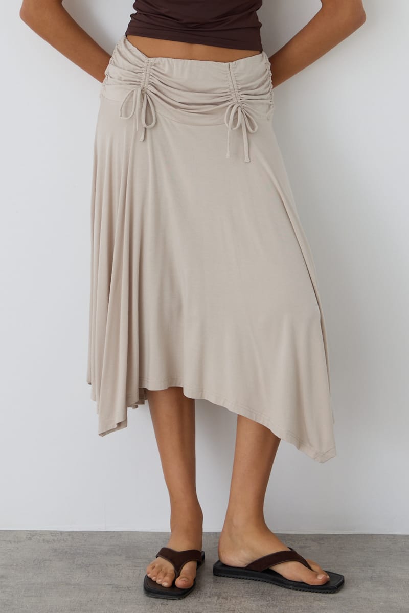 Beige Ruched Midi Skirt Elastic Waist Scarf Hem for Ally Fashion