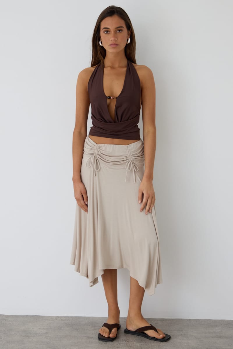 Beige Ruched Midi Skirt Elastic Waist Scarf Hem for Ally Fashion