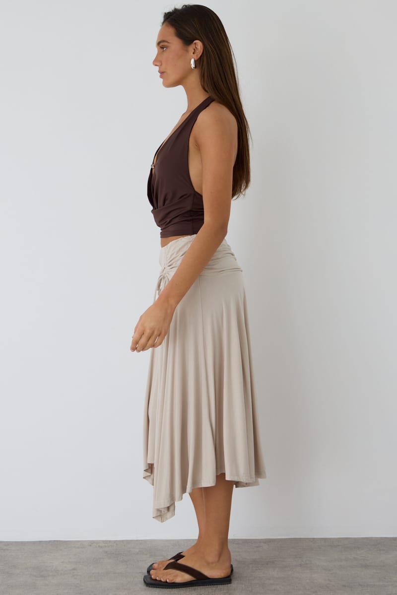 Beige Ruched Midi Skirt Elastic Waist Scarf Hem for Ally Fashion