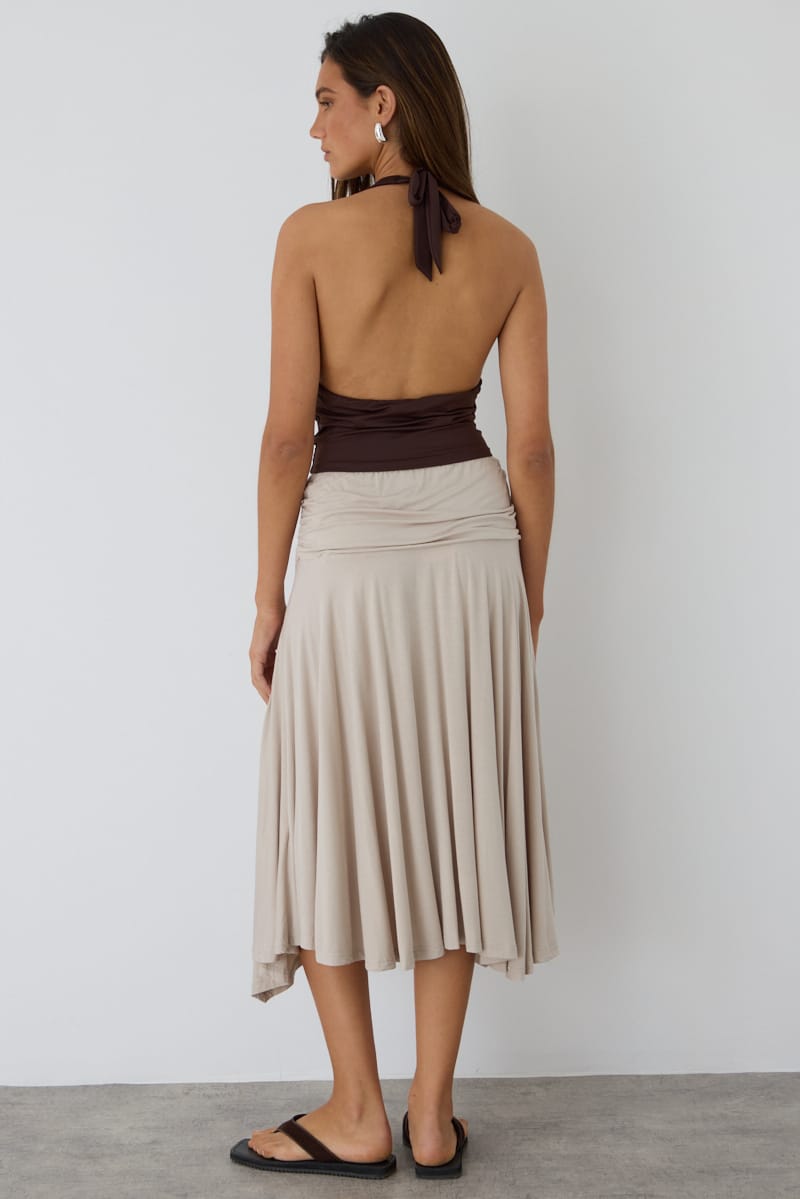 Beige Ruched Midi Skirt Elastic Waist Scarf Hem for Ally Fashion
