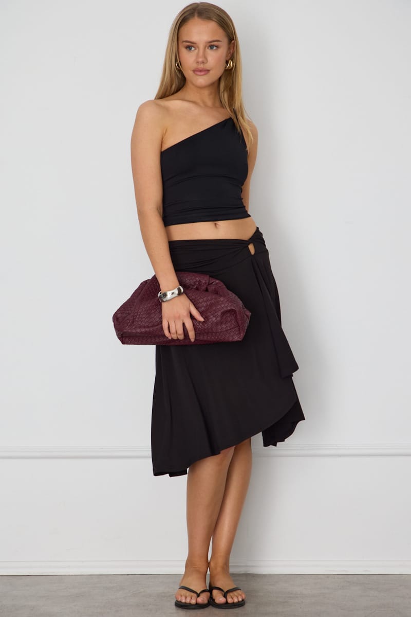 Black Midi Skirt Low Rise Twist Detail for Ally Fashion
