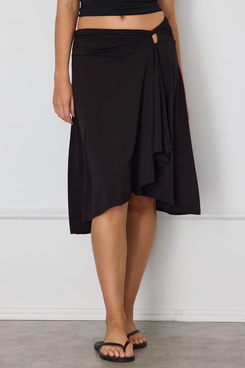 Black Midi Skirt Low Rise Twist Detail for Ally Fashion