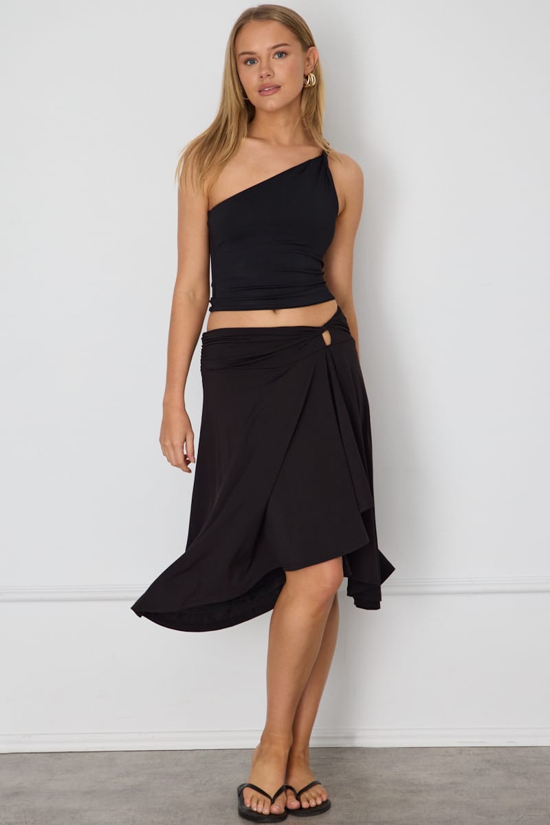 Black Midi Skirt Low Rise Twist Detail for Ally Fashion