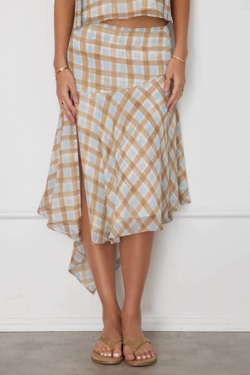 Brown Check Midi Scarf Skirt Front Split Chiffon Lined for Ally Fashion
