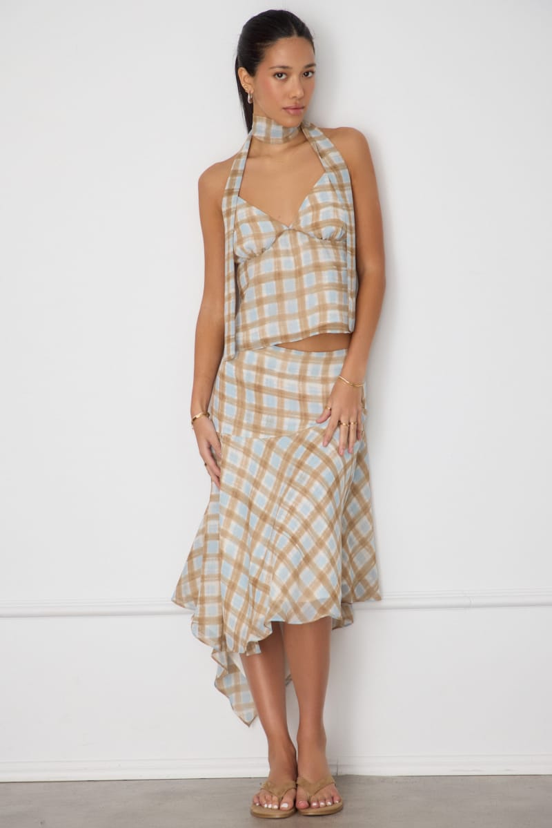 Brown Check Midi Scarf Skirt Front Split Chiffon Lined for Ally Fashion