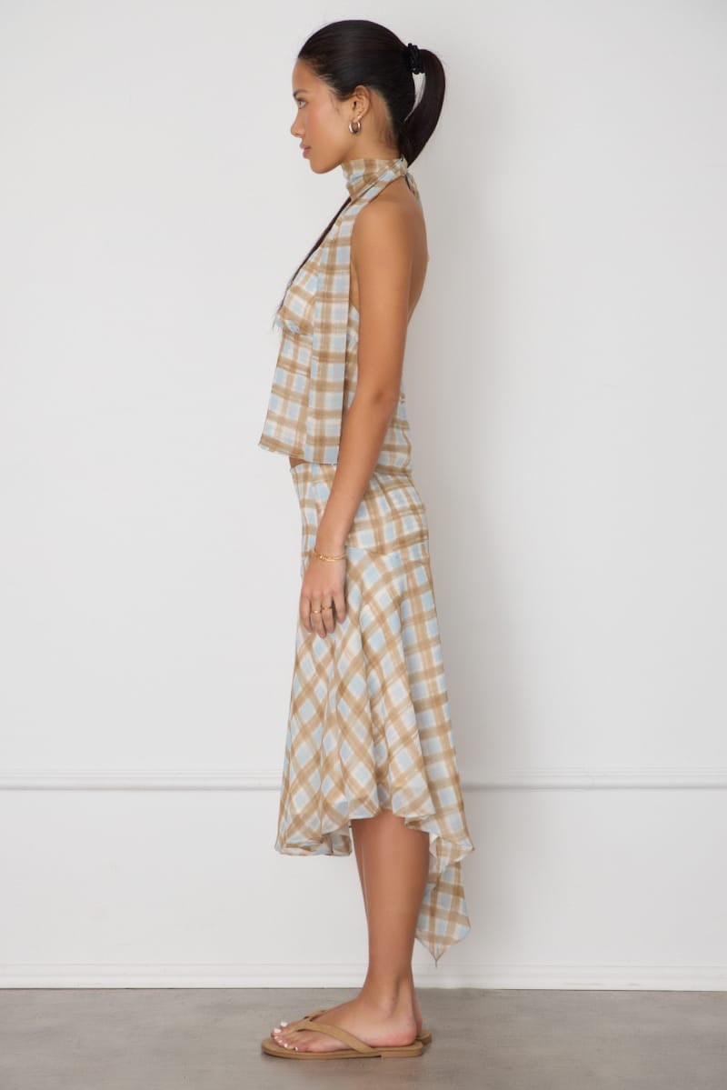 Brown Check Midi Scarf Skirt Front Split Chiffon Lined