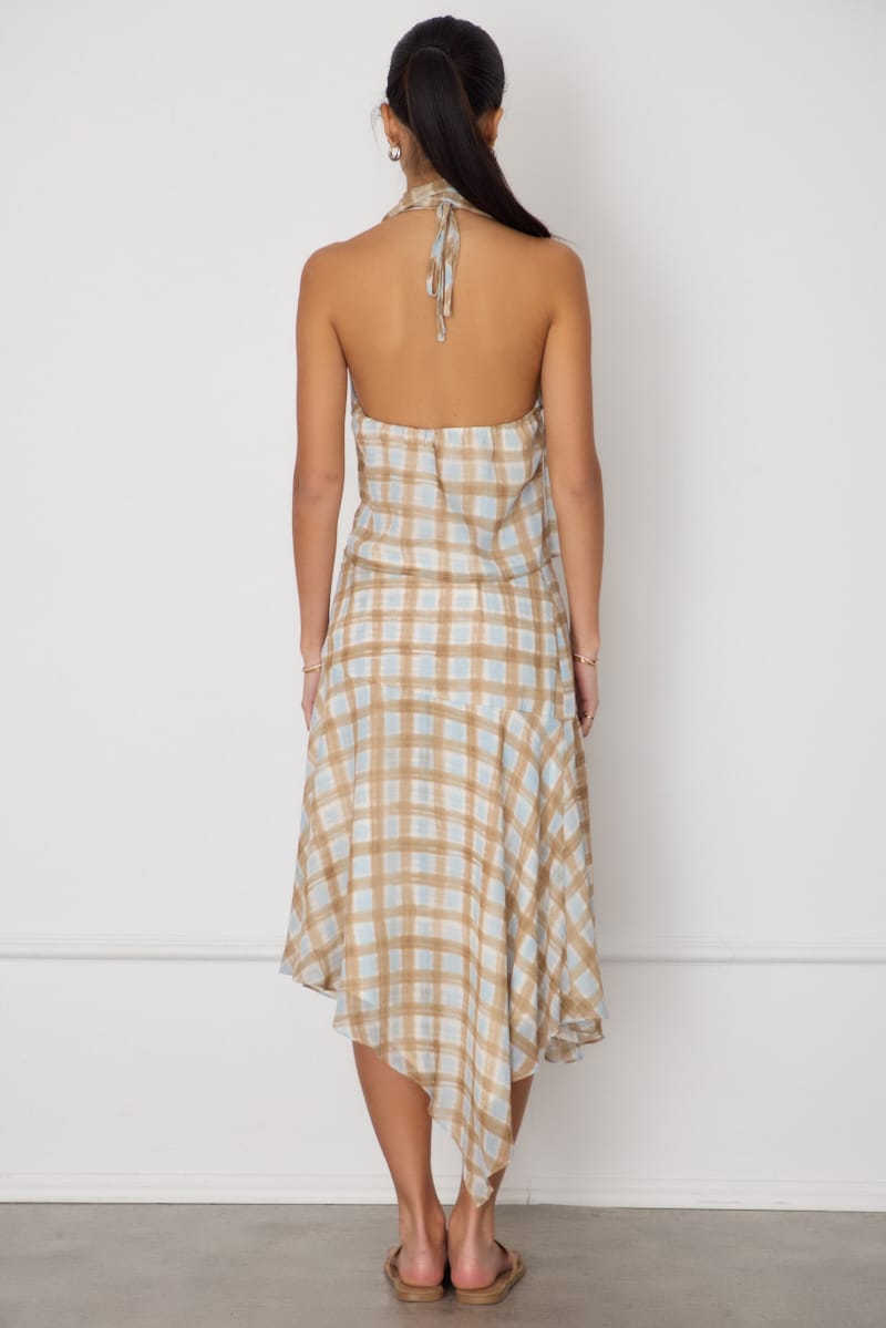 Brown Check Midi Scarf Skirt Front Split Chiffon Lined