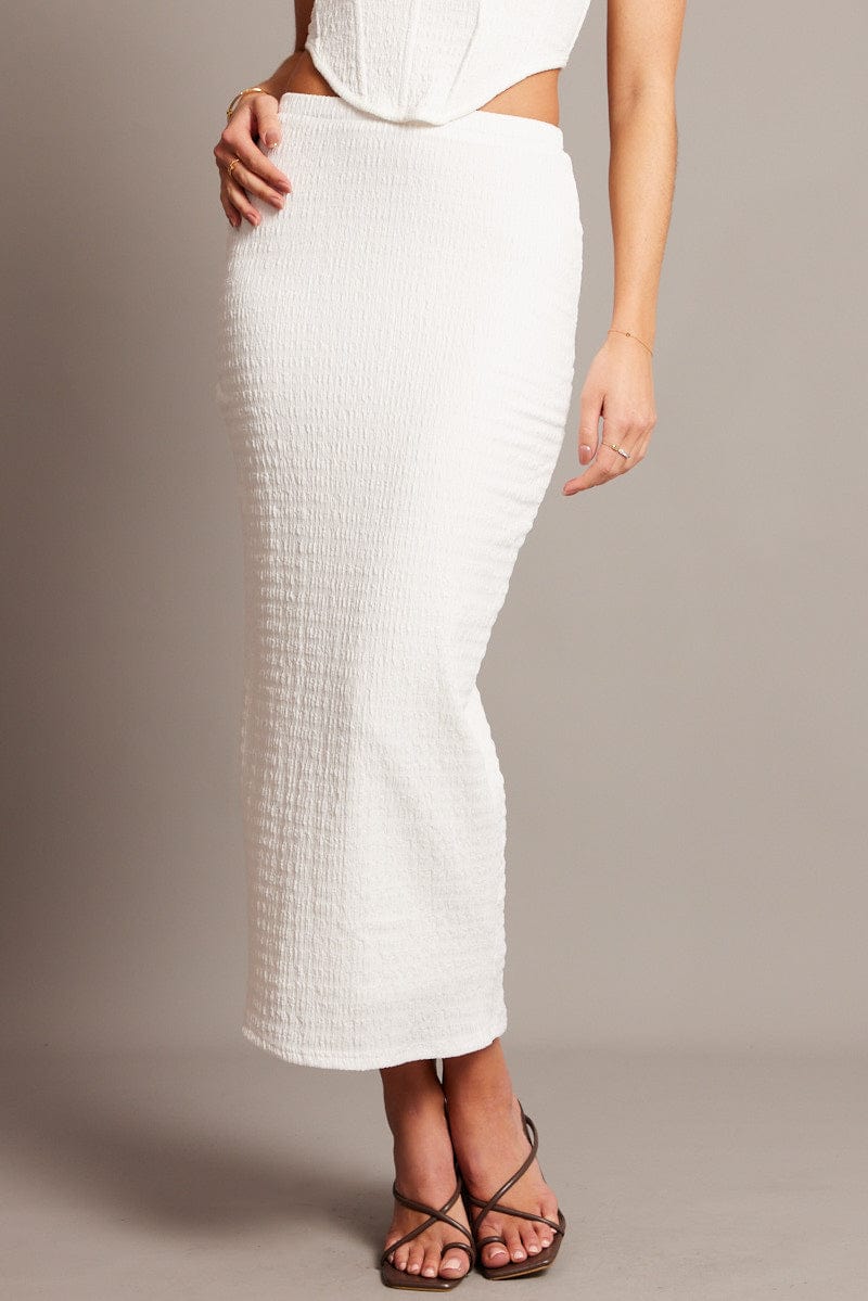 White Midi Skirt High Rise Textured Jersey for Ally Fashion