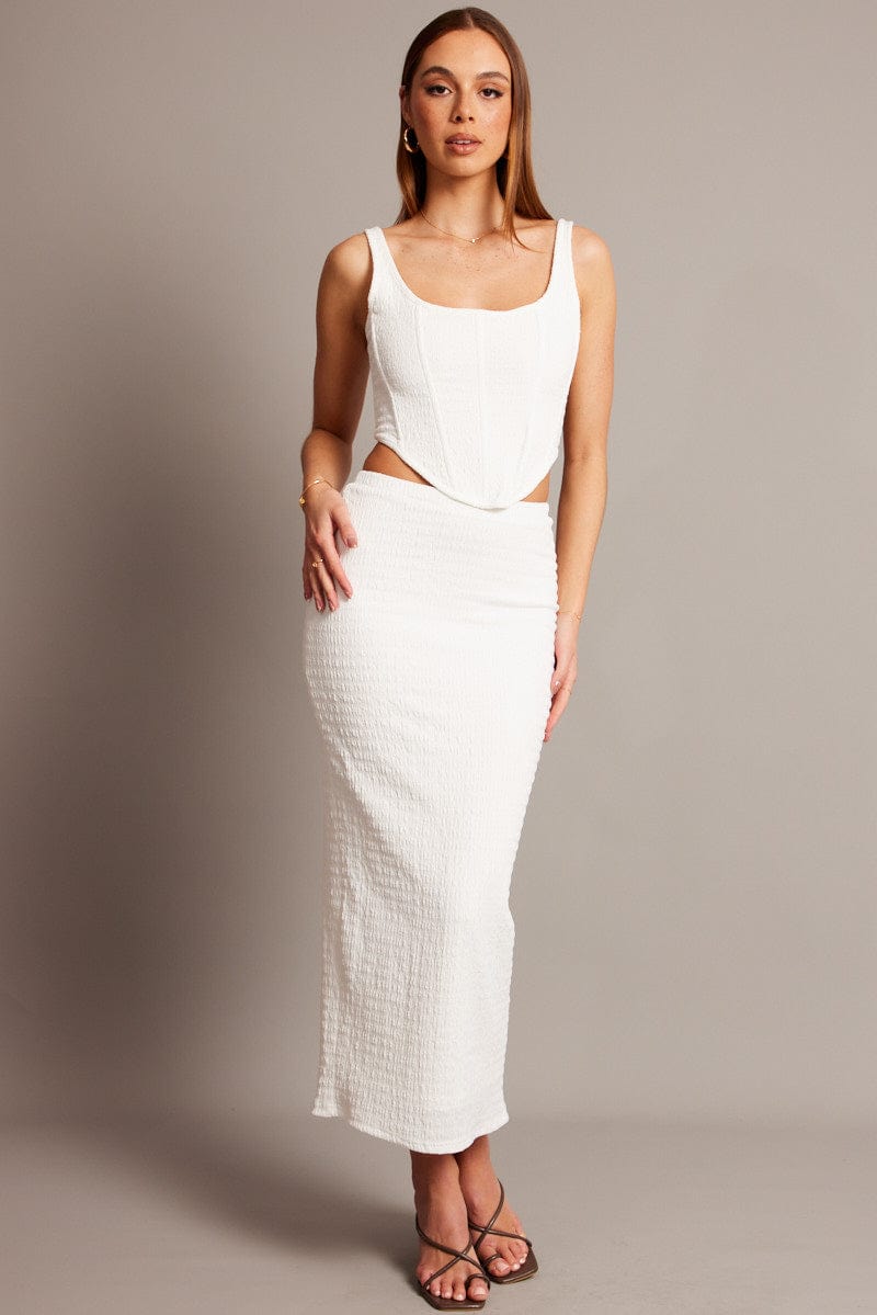 White Midi Skirt High Rise Textured Jersey for Ally Fashion