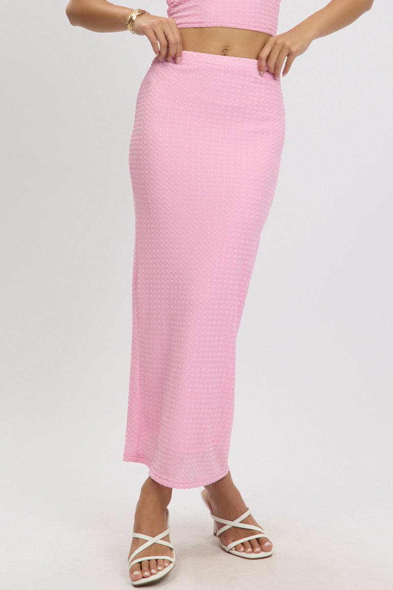 Pink Midi Skirt High Rise Textured Jersey for Ally Fashion