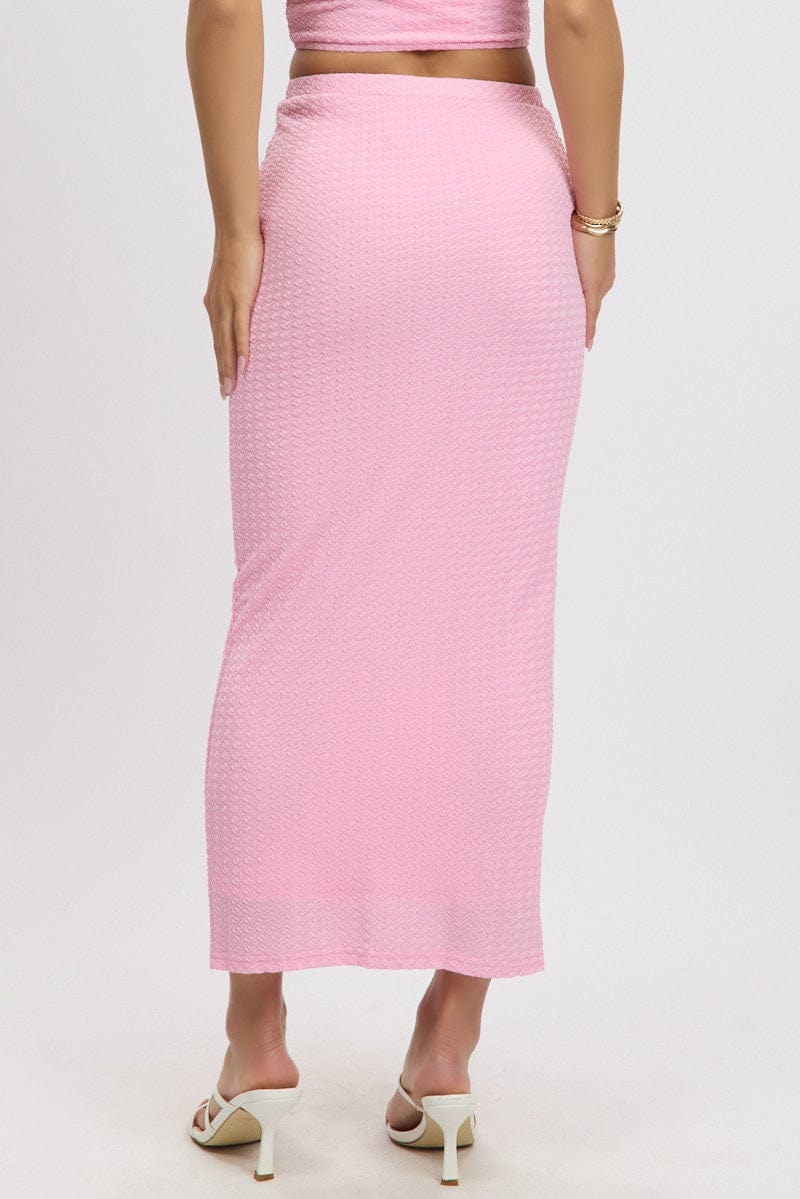 Pink Midi Skirt High Rise Textured Jersey for Ally Fashion