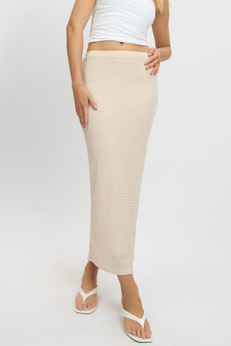 Beige Midi Skirt High Rise Textured Jersey for Ally Fashion