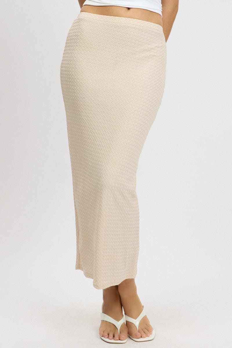 Beige Midi Skirt High Rise Textured Jersey for Ally Fashion