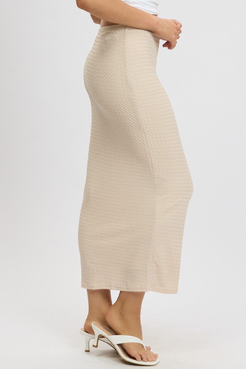 Beige Midi Skirt High Rise Textured Jersey for Ally Fashion