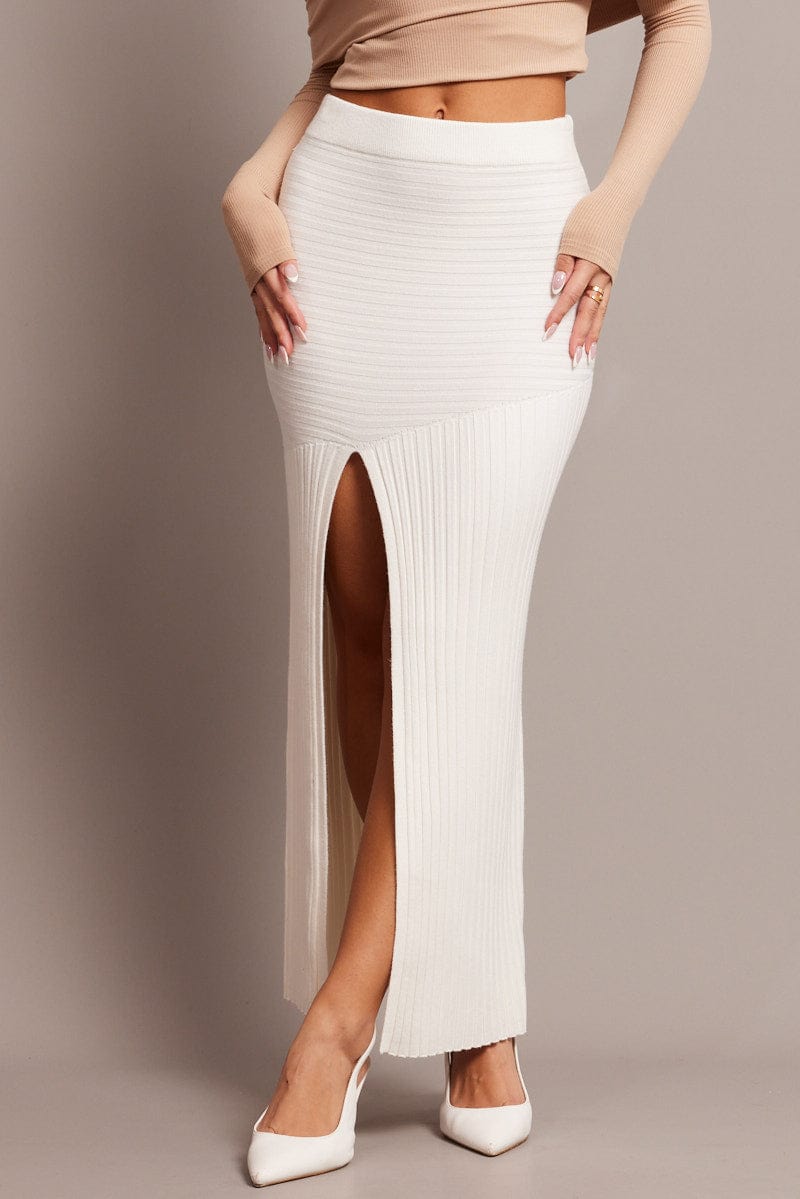 White Knit Skirt Front Split for Ally Fashion