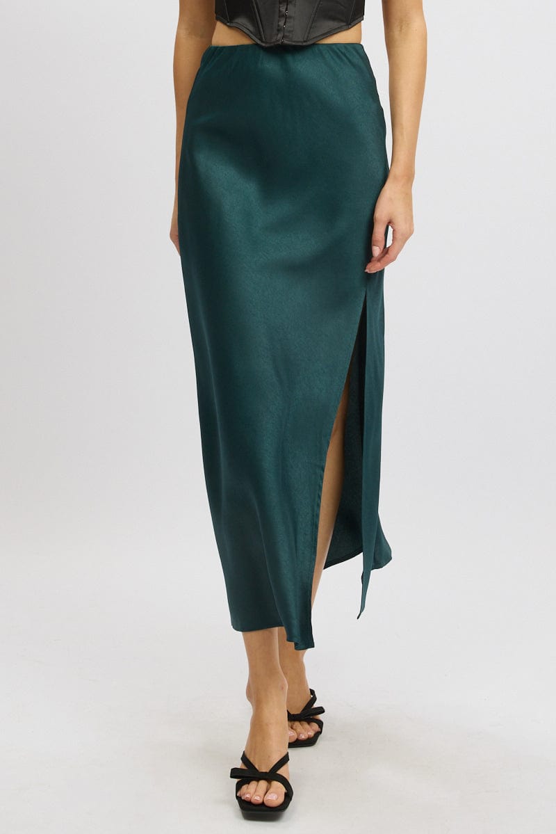 Green Slip Skirt High Waist Front Split Midaxi Satin Ally Fashion