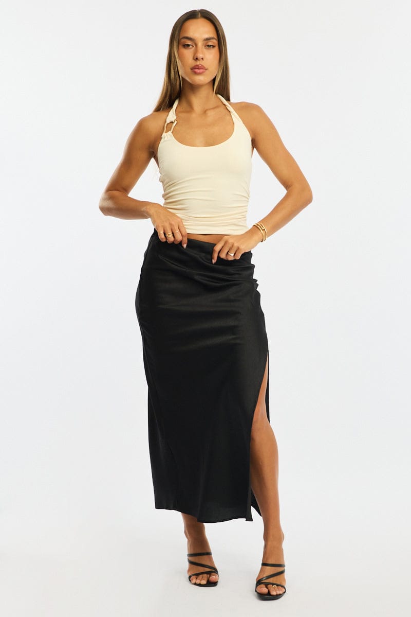 Black Slip Skirt High Waist Front Split Midaxi Satin for Ally Fashion