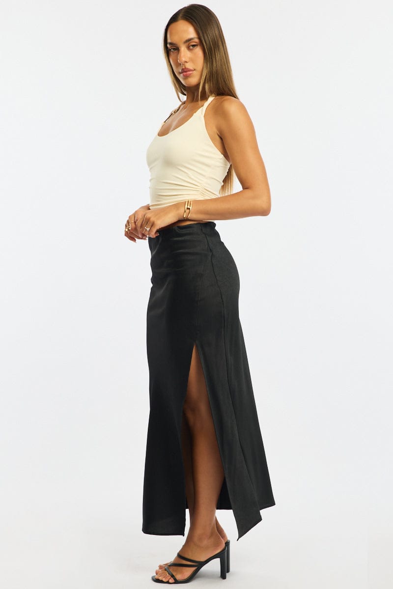 Black Slip Skirt High Waist Front Split Midaxi Satin for Ally Fashion