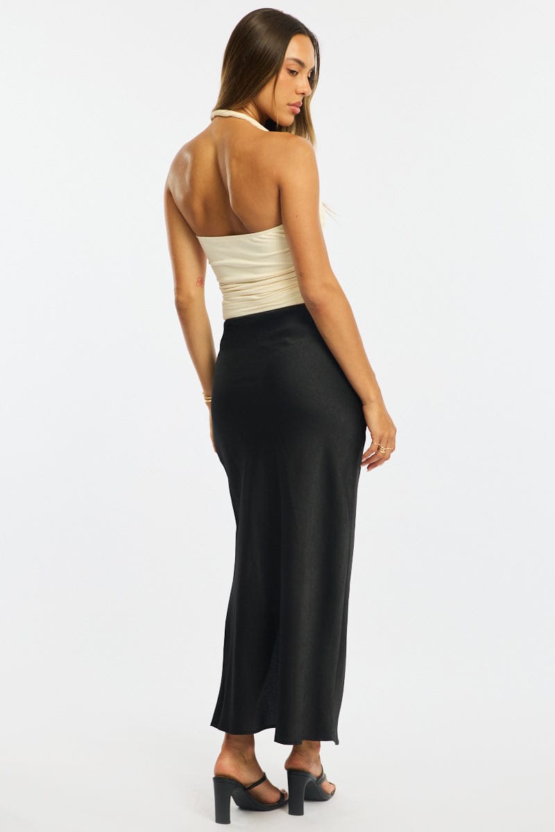 Black Slip Skirt High Waist Front Split Midaxi Satin for Ally Fashion