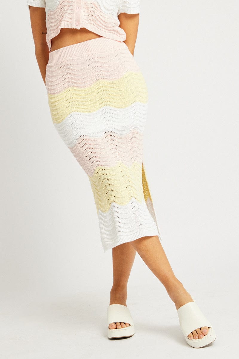 Multi Stripe Knit Skirt Midi Crochet for Ally Fashion