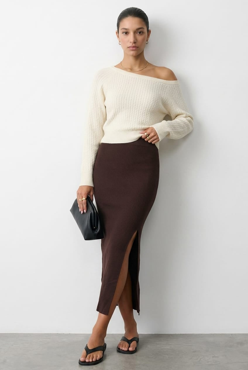 Brown Knit Skirt Front Split High Rise
