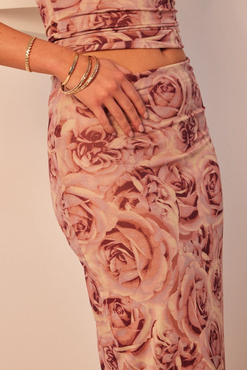 Pink Floral Midi Skirt High Rise Mesh for Ally Fashion