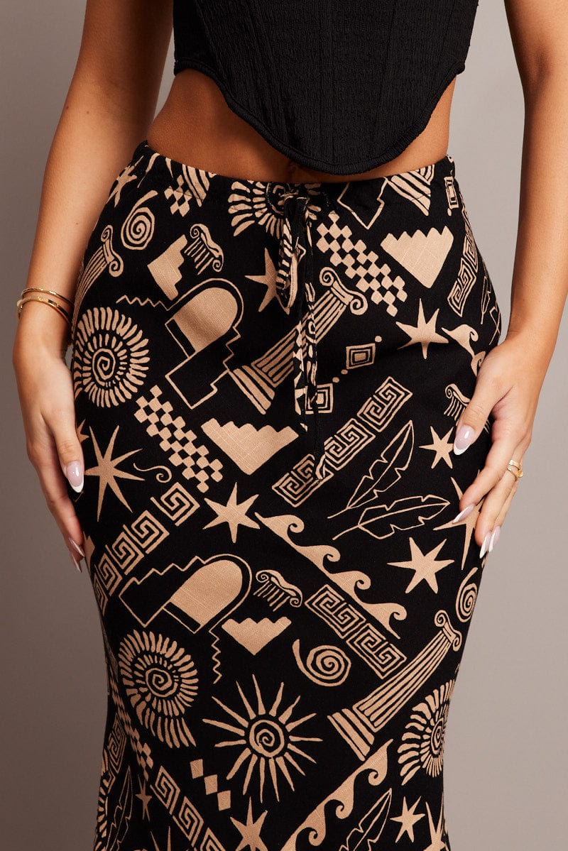 Black Abstract Slip Skirt Midi Linen Blend for Ally Fashion