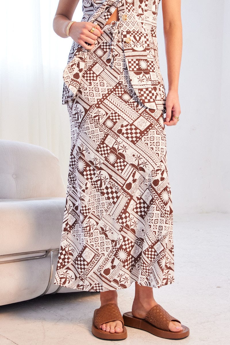 Brown Abstract Midi Skirt Mid Rise for Ally Fashion