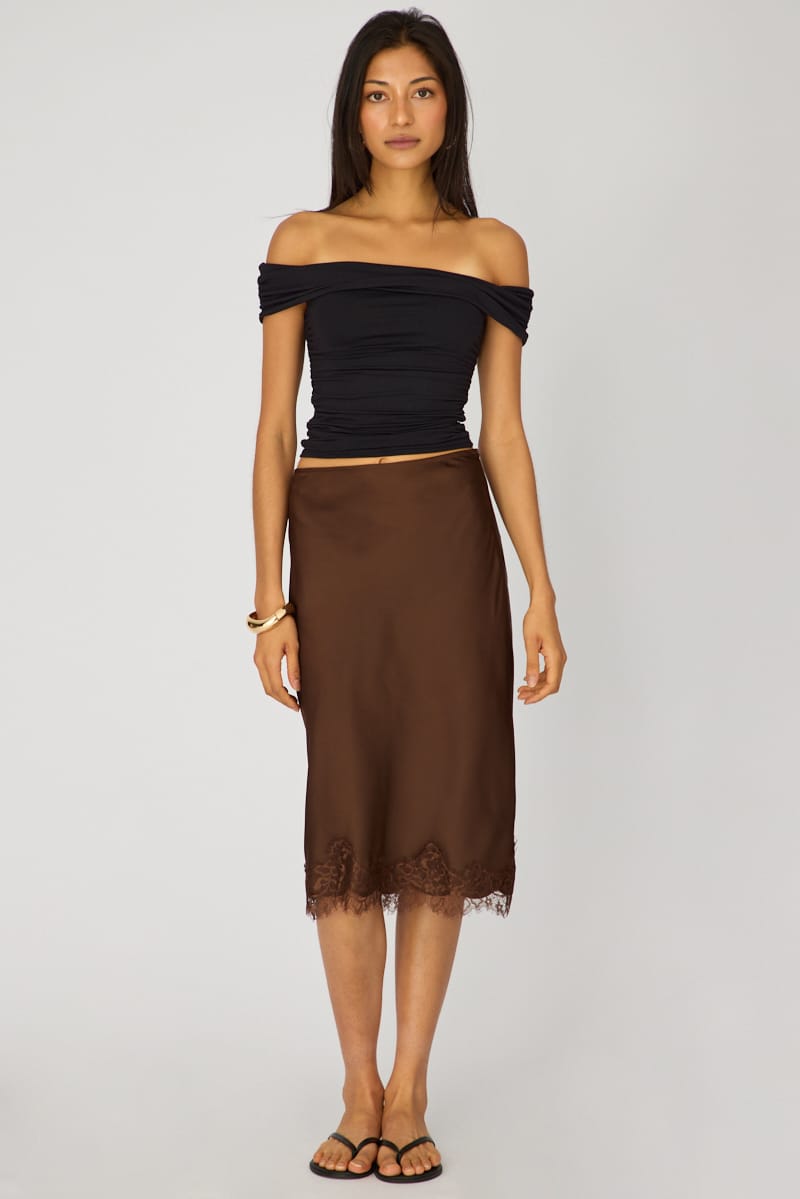 Brown Satin Lace Midi Skirt for Ally Fashion