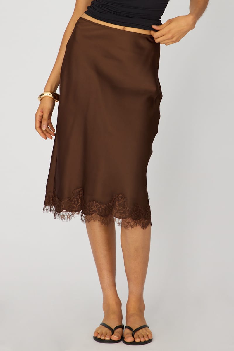 Brown Satin Lace Midi Skirt for Ally Fashion