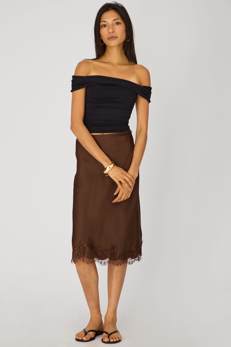Brown Satin Lace Midi Skirt for Ally Fashion